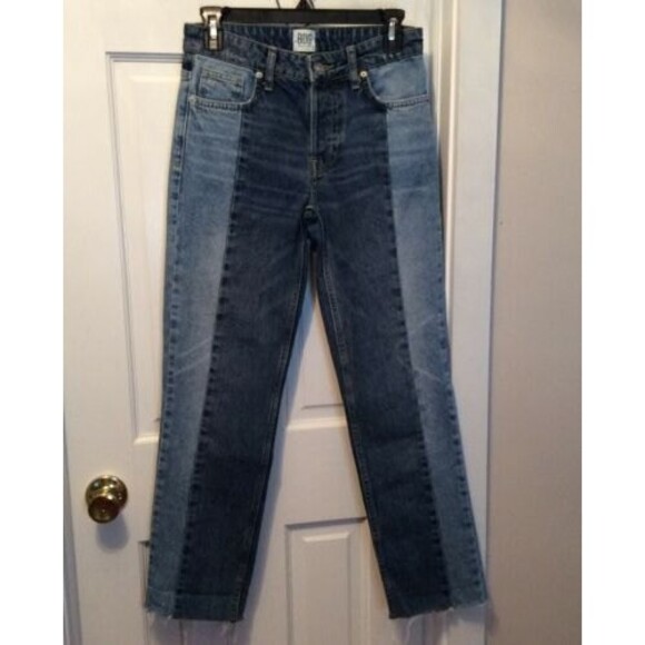 URBAN OUTFITTERS BDG JESSYE TWO TONE PIECED STRAIGHT LEG JEANS 25 RAW HEM BOHO - Picture 2 of 7
